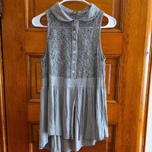 POL Sleeveless Lace Panel Collared Tunic - Dusty Sage